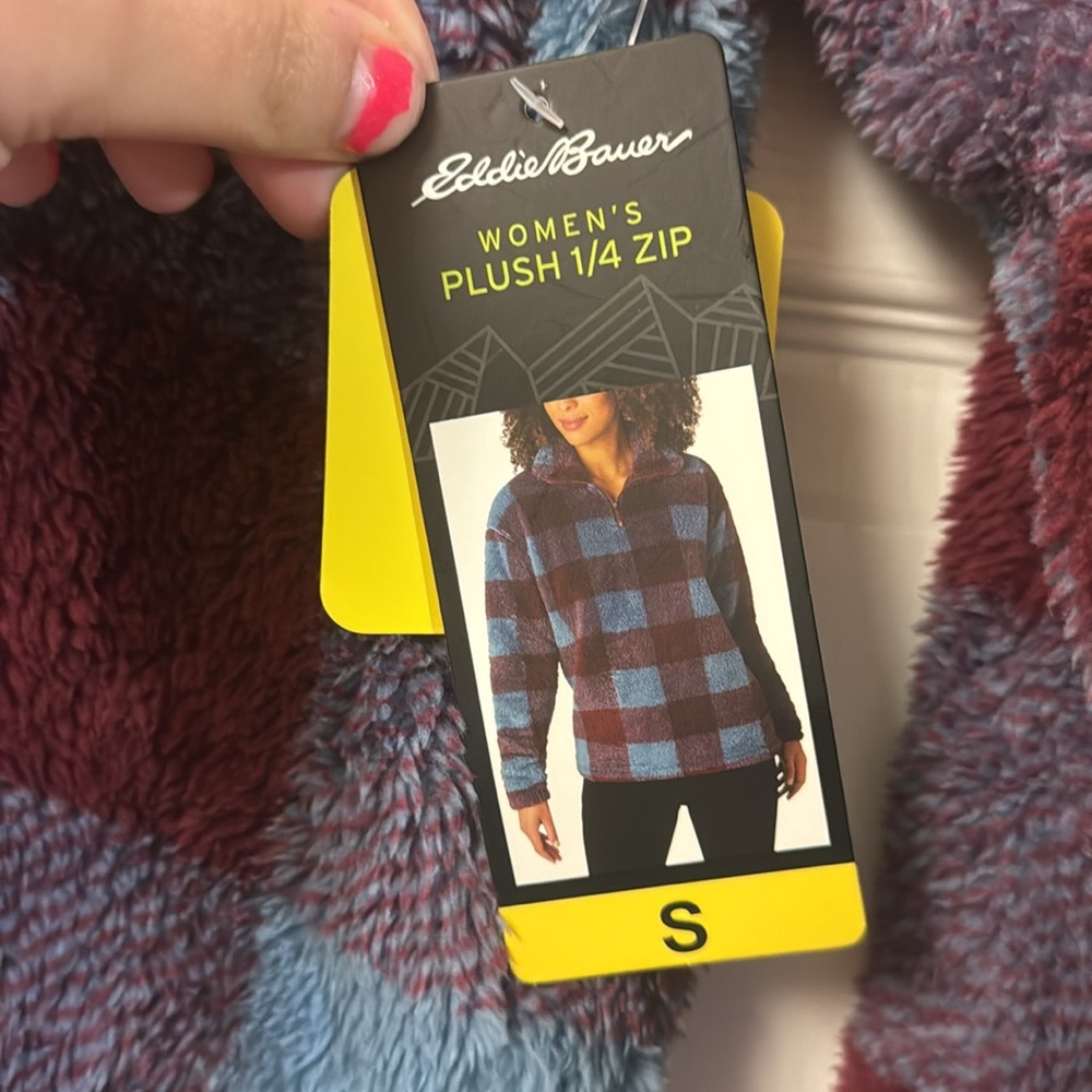 NWT Eddie Bauer women’s blue purple plaid plush  1/4 zip sweatshirt jacket S - Picture 5 of 6